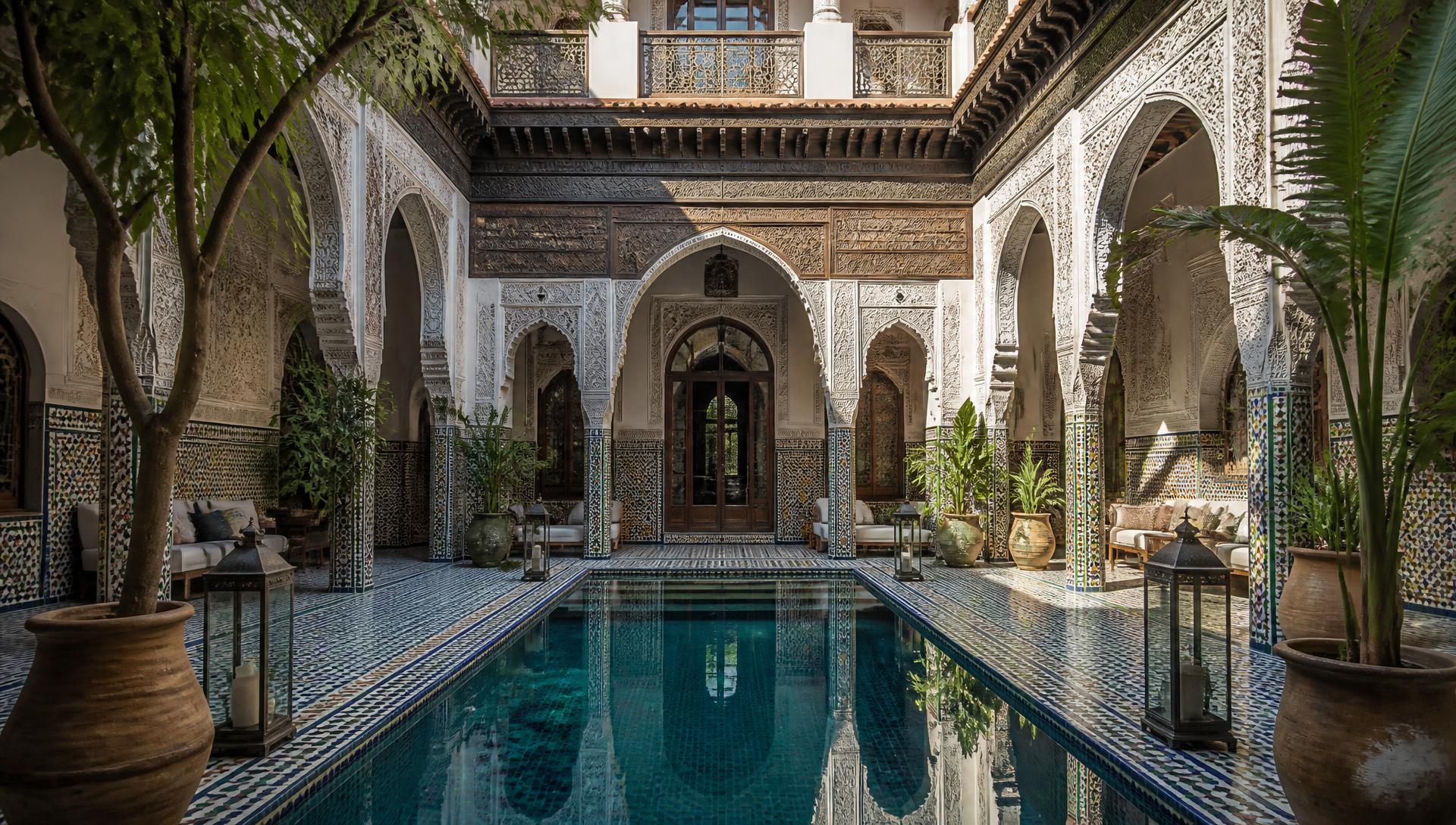 Patio d'un riad marocain avec bassin central et zellige bleu