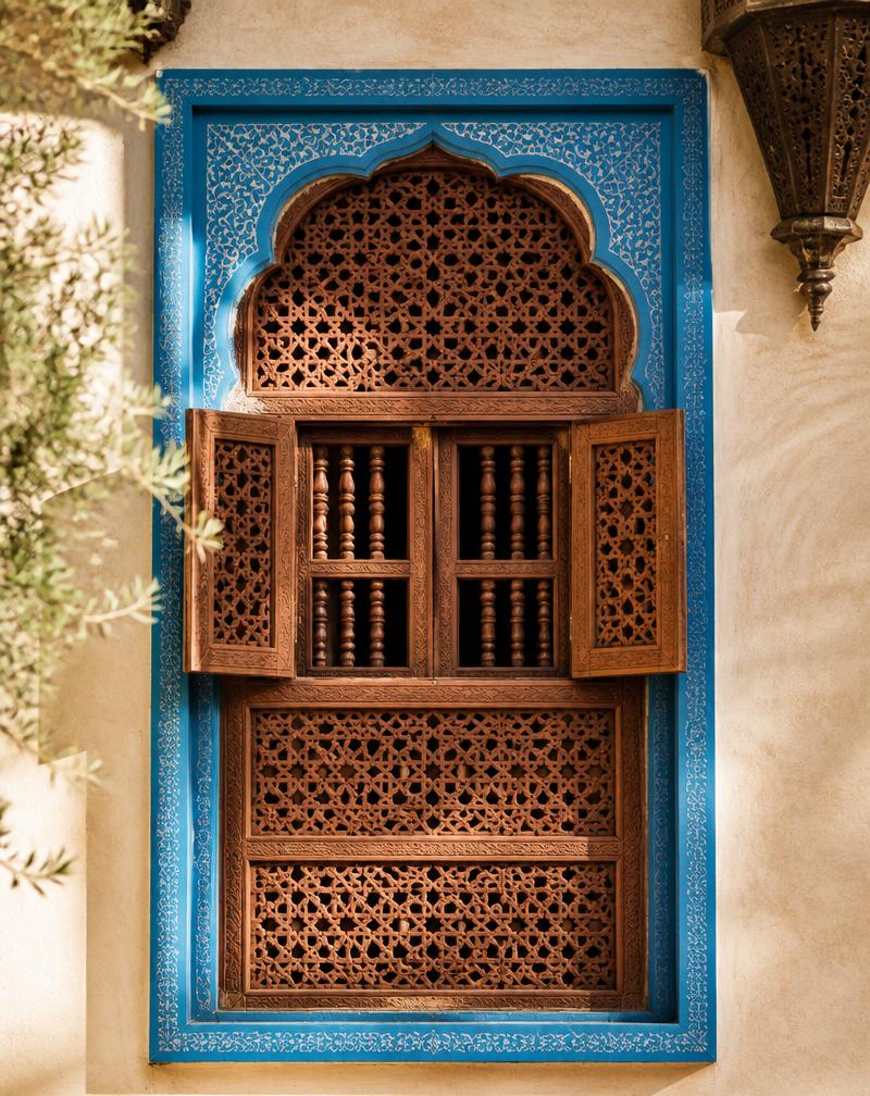 Fenêtre en bois sculpté d'un riad, encadrement bleu