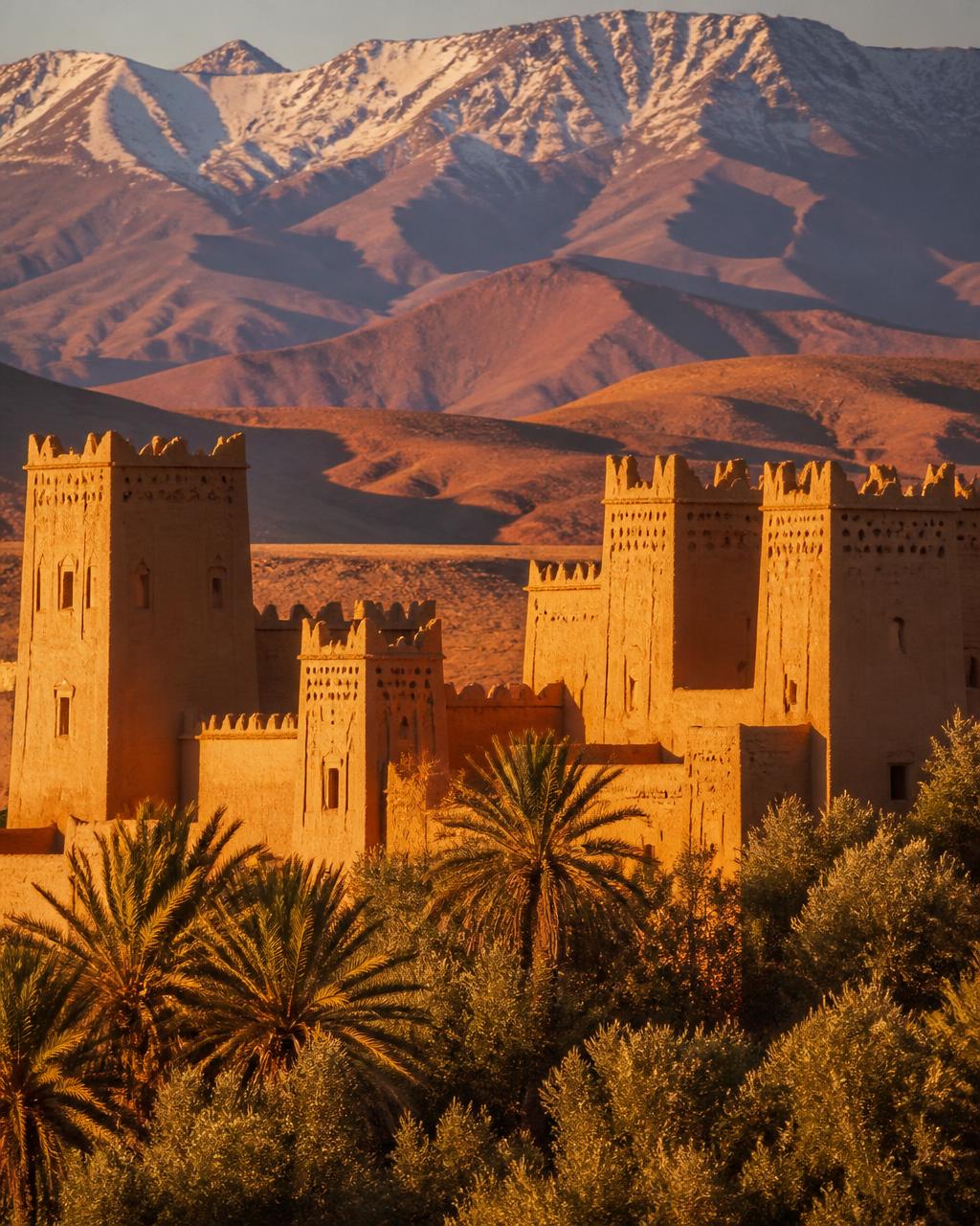 Kasbah en pisé avec tours crénelées devant l'Atlas