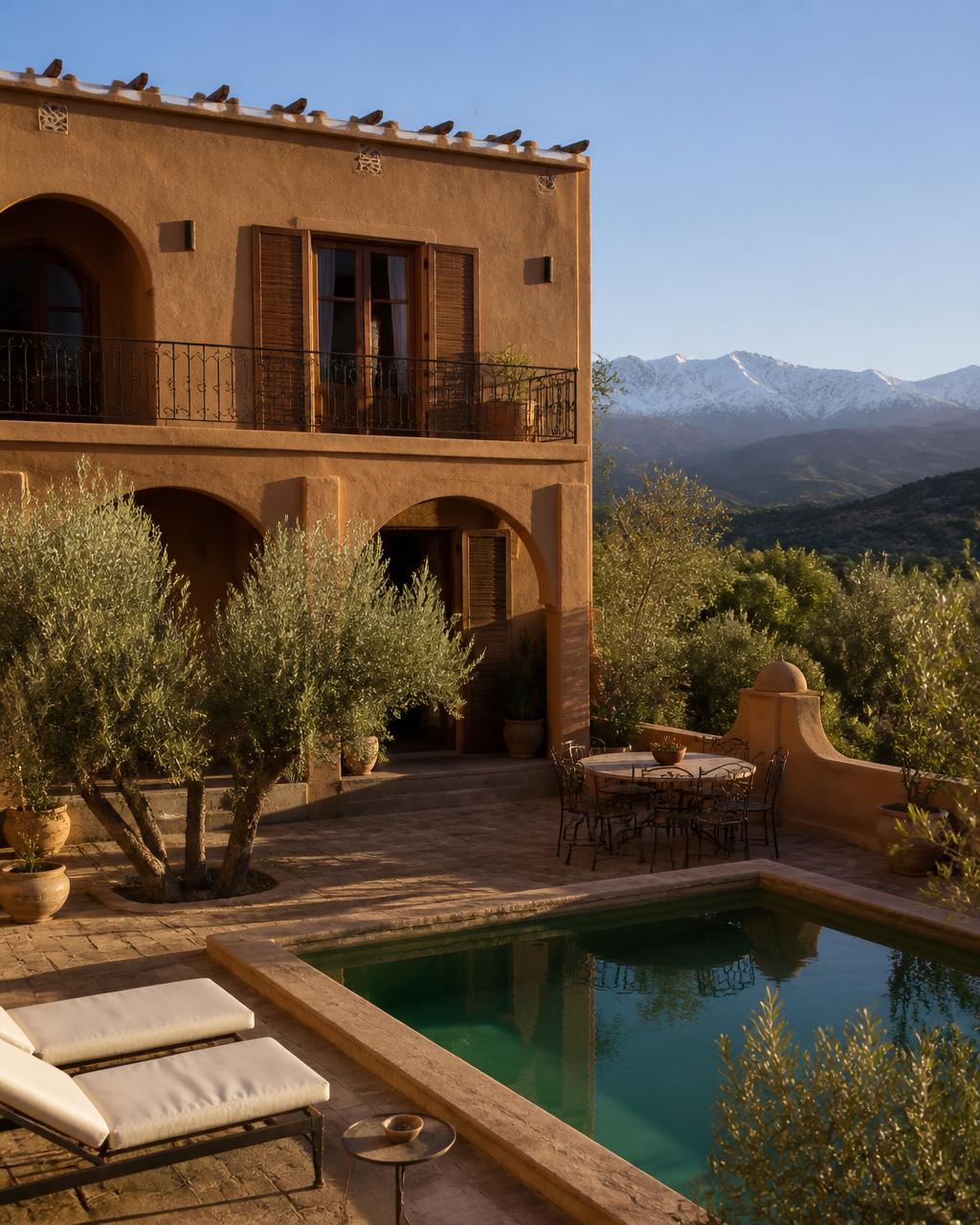 Maison d'hôtes en pisé hors de la médina, terrasse et piscine face aux montagnes de l'Atlas